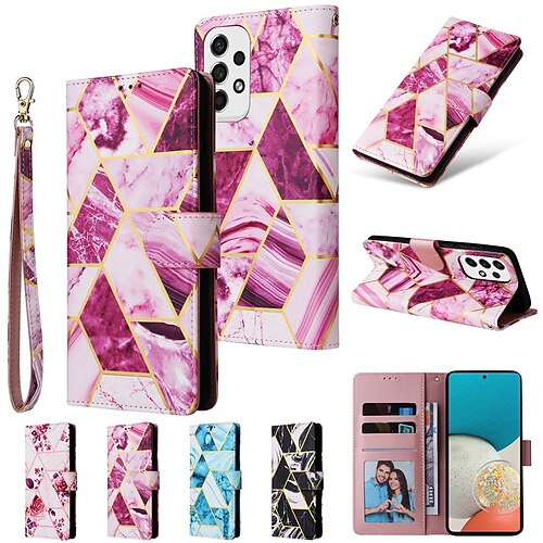 

Phone Case For Samsung Galaxy Wallet Card A53 S22 Ultra Plus S21 FE S20 A72 A52 A42 Note 10 Shockproof with Wrist Strap Card Holder Slots Flower Marble PU Leather