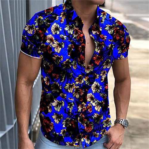

Men's Shirt Floral Turndown Casual Daily Button-Down Print Short Sleeve Tops Casual Fashion Comfortable Sports Blue