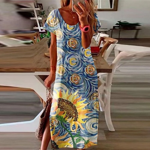 

Women's Shift Dress Maxi long Dress Yellow Short Sleeve Floral Split Print Spring Summer Crew Neck Stylish Elegant 2022 S M L XL XXL 3XL