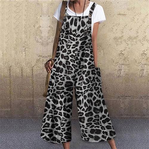 

Women's Jumpsuit Backless Pocket Leopard Square Neck Casual Street Daily Regular Fit Sleeveless Gray Khaki Brown S M L Spring