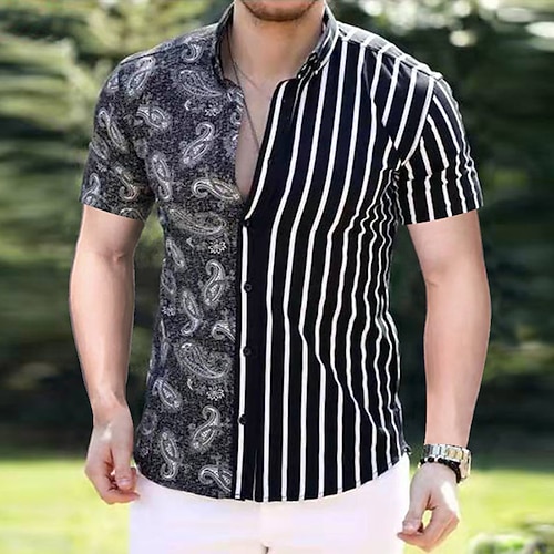 

Men's Shirt Striped Cashew nuts Turndown Street Casual Button-Down Print Short Sleeve Tops Casual Fashion Streetwear Cool White Black Summer Shirt