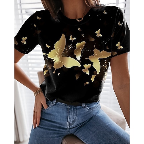 

Women's Butterfly Painting T shirt Butterfly Print Round Neck Basic Tops Green Purple Yellow / 3D Print