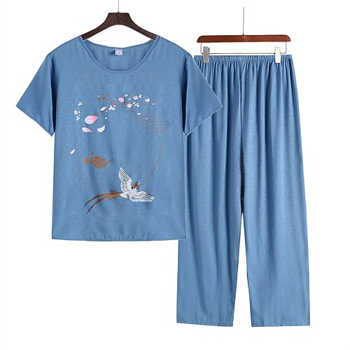

Women's Loungewear Sets Nighty 2 Pieces Animal Flower Simple Comfort Home Mother's Day Cotton Crew Neck Short Sleeve T shirt Tee Embroidery Spring Summer Green Blue