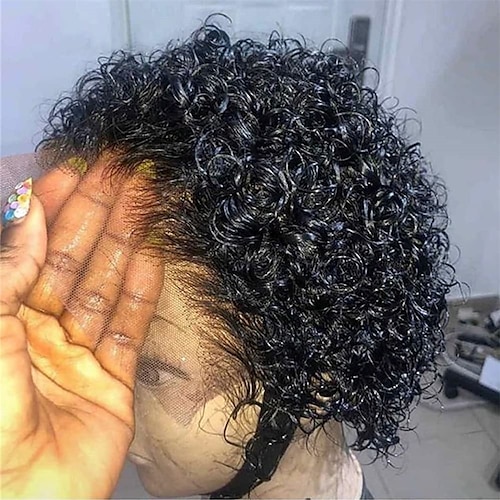 

Short Cut Wigs Human Hair Lace Closure Wigs 6 inch Brazilian Curly 4x4x1 Lace Closure T Part Human Hair Wigs Pixie Cut Short Bob Wigs 150% Density Pre Plucked with Baby Hair for Black Women