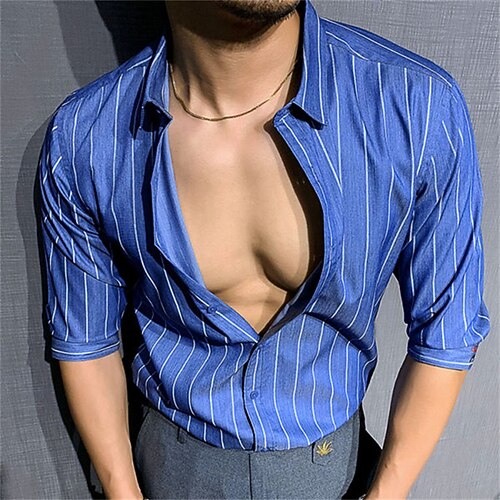 

Men's Shirt Hot Stamping Striped Graphic Turndown Street Casual Button-Down Print Short Sleeve Tops Casual Fashion Breathable Comfortable Blue