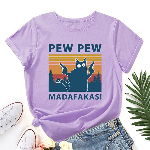 

Women's Plus Size Tops Blouse T shirt Tee Cat Letter Print Short Sleeve Crewneck Streetwear Daily Vacation Cotton Spring Summer Green White
