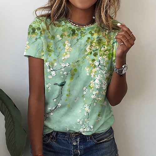 

Women's T shirt Tee Floral Graphic Patterned Casual Holiday Weekend Floral Painting T shirt Tee Short Sleeve Print Round Neck Basic Essential Vintage Green Gray Pink S / 3D Print