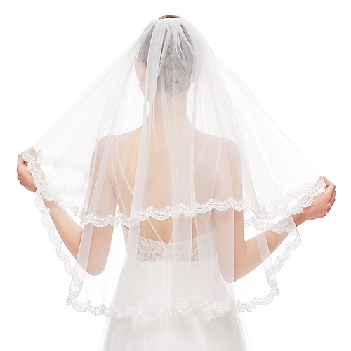 

Two-tier Classic & Timeless Wedding Veil Fingertip Veils with Pure Color Lace