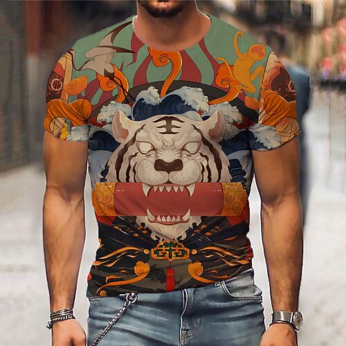 

Men's Unisex T shirt 3D Print Graphic Prints Tiger Crew Neck Street Daily Print Short Sleeve Tops Casual Designer Big and Tall Sports Orange