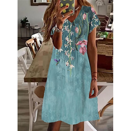 

Femme Robe casual Manche Courte Printemps Eté Imprimer Floral Col V Ample 2022 Boom Vente Robe Bleu S M L XL XXL 3XL