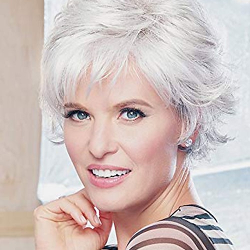 

Short Grey Wigs for Women Wavy Wig with Bangs Fluffy Natural Looking Old Lady Synthetic Costume Daily Wear Party Cosplay