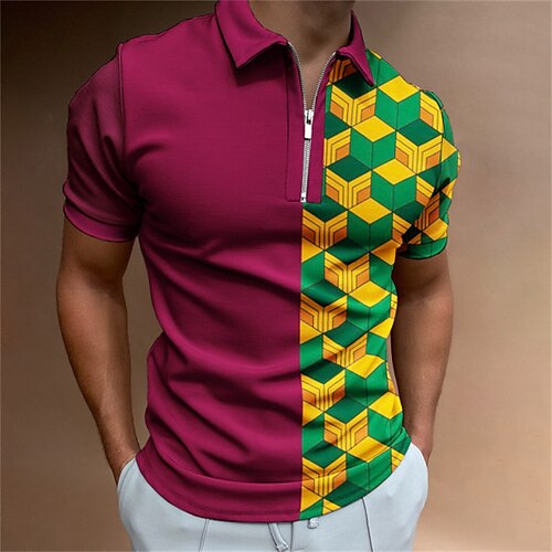 

Men's Collar Polo Shirt Golf Shirt Color Block Turndown Wine 3D Print Casual Daily Short Sleeve Zipper Clothing Apparel Sports Fashion Casual Comfortable