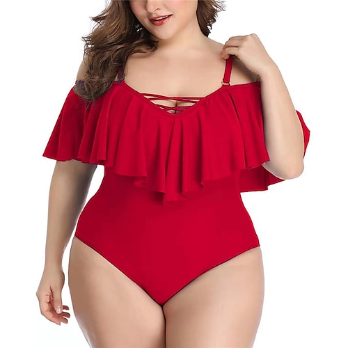 

Women's Swimwear One Piece Monokini Bathing Suits Plus Size Swimsuit Tummy Control Ruffle Open Back High Waisted for Big Busts Pure Color Black Blue Yellow Wine Red Strap Bathing Suits New Vacation