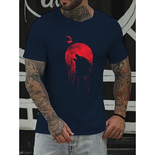 

Men's T shirt Hot Stamping Moon Wolf Round Neck Casual Daily Print Short Sleeve Tops Simple Basic Blue Black Gray