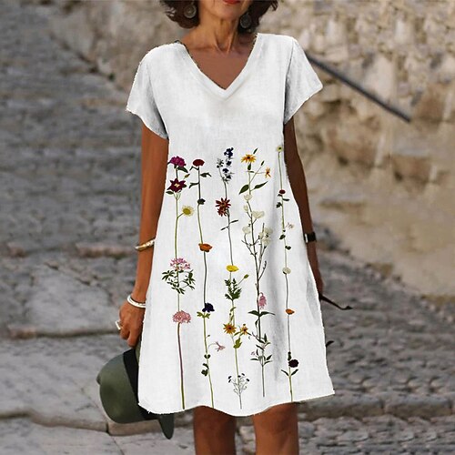 

Women's Shift Dress Knee Length Dress White Short Sleeve Floral Print Spring Summer V Neck Stylish Casual 2022 S M L XL XXL 3XL
