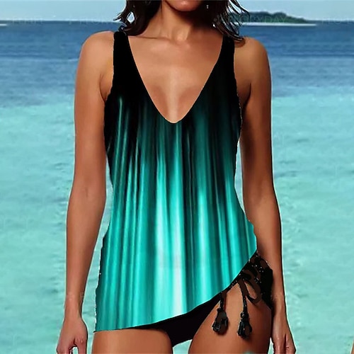 

Women's Swimwear Tankini 2 Piece Normal Swimsuit Tassel Fringe High Waisted Ombre Green Padded V Wire Bathing Suits Sports Vacation Sexy / Strap / New / Strap