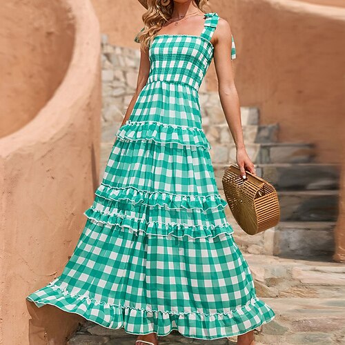 

Women's A Line Dress Maxi long Dress Green Sleeveless Plaid Print Spring Summer Square Neck Vacation 2022 S M L XL