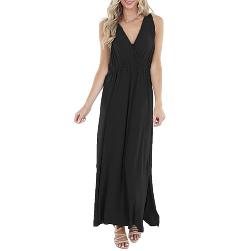 

Women's Swing Dress Maxi long Dress White Black Wine Army Green Dark Gray Sleeveless Solid Color Backless Split Ruched Spring Summer V Neck Stylish Casual 2022 S M L XL XXL