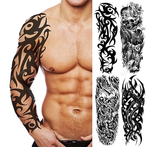 

4 pcs Full Arm Temporary Tattoos Large Totem Tribal Big Sleeve Tattoo Sticker Body Art Sexy Dragon Tiger Lion King Tattoo Designs Men