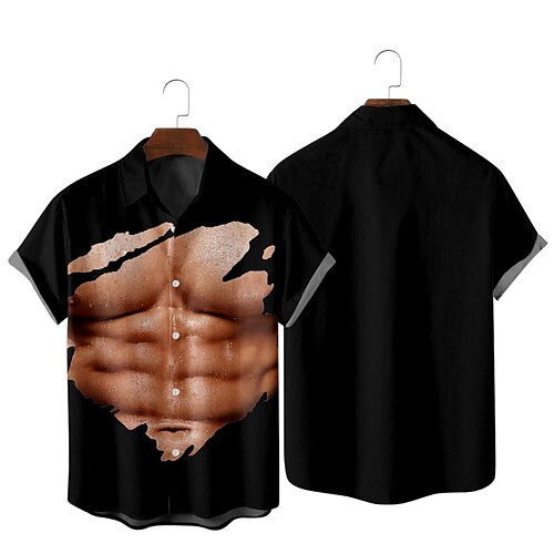 

Men's Shirt 3D Print Muscle Turndown Casual Daily Short Sleeve Tops Casual Hawaiian Black
