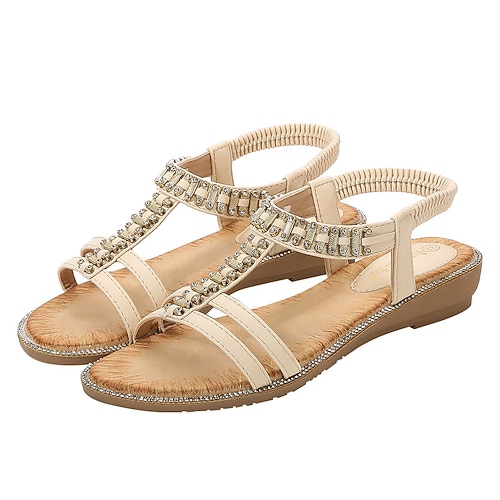 

Women's Sandals Flat Sandals Rhinestone Flat Heel Round Toe Open Toe Elegant Casual Party Beach PU Leather Elastic Band Spring Summer Solid Colored Black Gray Beige