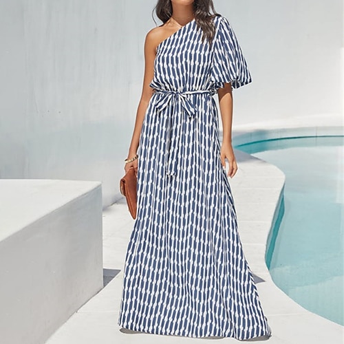 

Women's A Line Dress Maxi long Dress Blue Half Sleeve Print Print Spring Summer One Shoulder Casual Vacation 2022 S M L XL