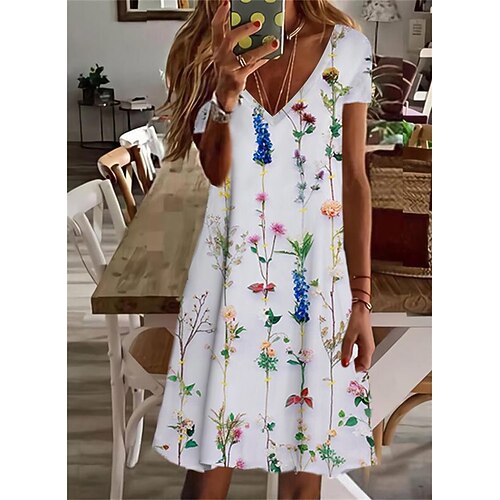 

Women's Shift Dress Knee Length Dress White Short Sleeve Floral Print Spring Summer V Neck Stylish Casual 2022 S M L XL XXL 3XL