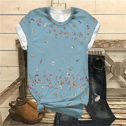 

Women's Plus Size Tops T shirt Butterfly Animal Print Short Sleeve Crewneck Streetwear Daily Sports Cotton Spandex Jersey Spring Summer Blue