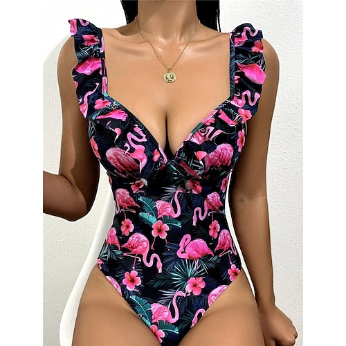 

Women's Swimwear One Piece Monokini Bathing Suits Normal Swimsuit Tummy Control Ruffle Open Back High Waisted Floral Black V Wire Bathing Suits New Vacation Fashion / Modern / Padded Bras