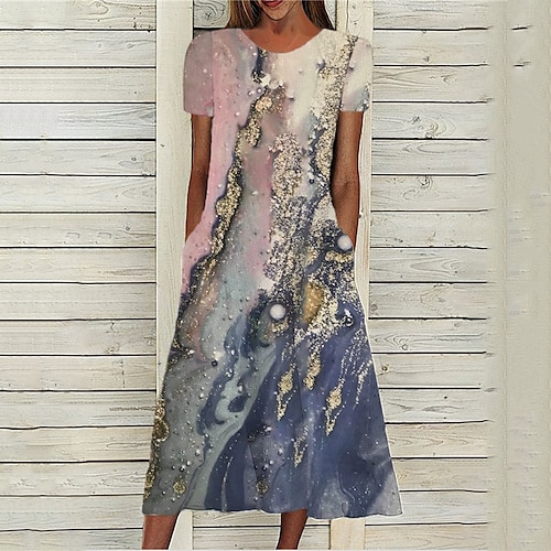 

Women's Casual Dress Midi Dress Khaki Short Sleeve Color Gradient Pocket Spring Summer Crew Neck Modern 2022 S M L XL XXL 3XL