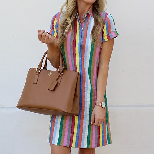 

Mujer Vestido informal Vestido de cambio Rosa Manga Corta A Rayas Estampado Primavera Verano Cuello Camisero Holgado 2022 S M L XL