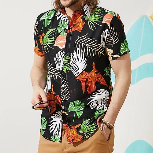 

Men's Shirt Print Leaves Turndown Casual Daily Button-Down Print Short Sleeve Tops Casual Fashion Black