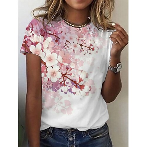 

Women's Floral Theme T shirt Floral Plants Print Round Neck Basic Tops White / 3D Print