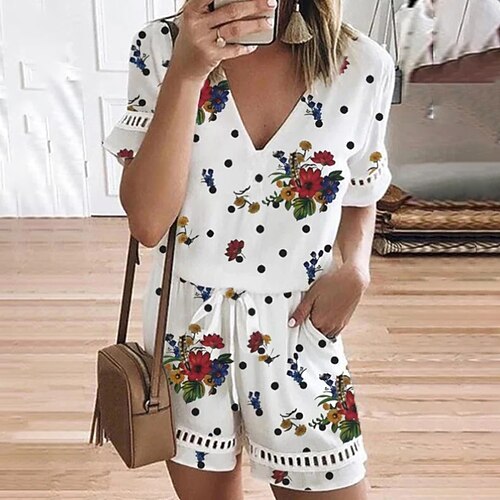 

Women's Romper Backless Floral V Neck Casual Home Daily Regular Fit Short Sleeve White S M L Spring