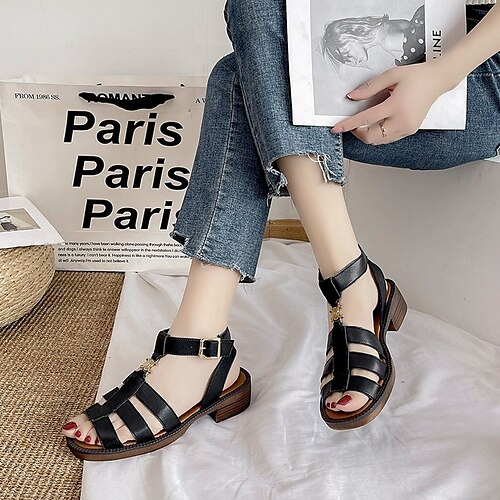 

Women's Sandals Plus Size Chunky Heel Open Toe Elegant Casual Minimalism Daily Work PU Leather Buckle Spring Summer Solid Colored Dark Brown Black