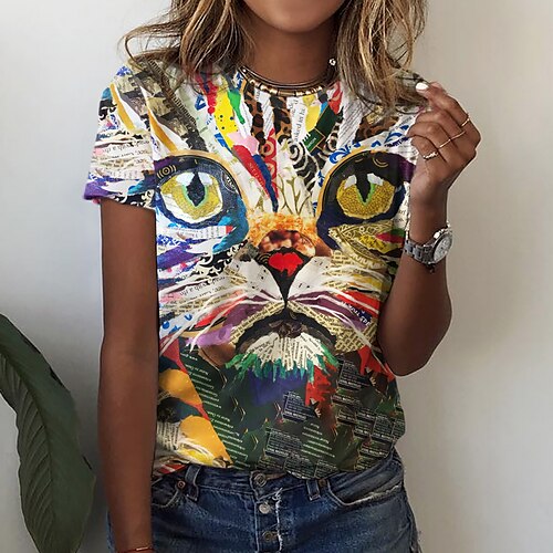 

T shirt Tee Femme Jaune Chat 3D Imprimer Manche Courte Casual Fin de semaine basique Col Rond Normal Standard Chat 3D Peinture S