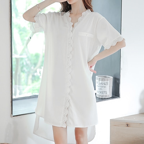 

Women's Pajamas Nightshirt Nighty Pjs Pure Color Simple Comfort Home Satin V Wire Half Sleeve Spring Summer White / Silk