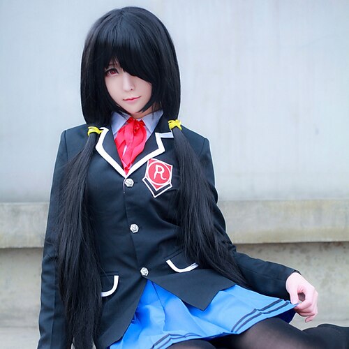 

Date A Live Kurumi Tokisaki Cosplay Wigs Women's With 2 Ponytails 35 inch Heat Resistant Fiber kinky Straight Black Teen Adults' Anime Wig