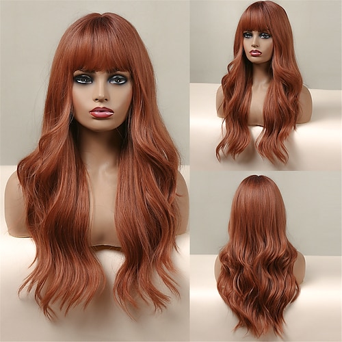 

HAIRCUBE Long Wavy Auburn/Ombre Brown/Ash Brown/Dark Brown/Dark Synthetic Wigs with Bangs Natural Straight Wig For African American Women Coaplay