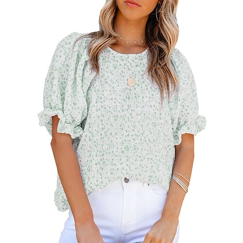 

Women's Portrait Blouse Shirt Flower Print Round Neck Elegant Casual Tops Green Blue Black