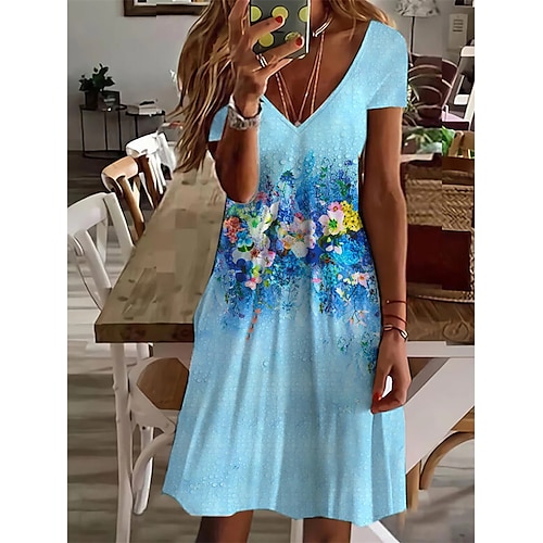 

Robe mi-longue Femme Robe casual Manche Courte Printemps Eté - basique Imprimer Floral Col V 2023 Bleu S M L XL XXL 3XL