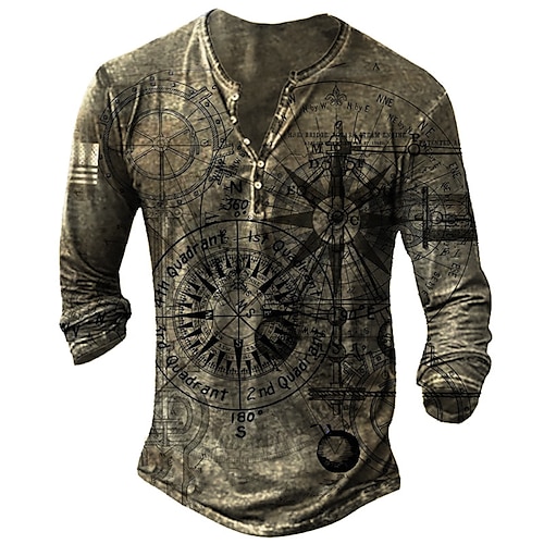 Men's T shirt Tee Henley Shirt Graphic Machine Henley Green Blue Purple Brown Gray 3D Print Street Casual Long Sleeve Button-Down Print Clothing Apparel Basic Fashion Classic Comfortable / Sports, lightinthebox  - buy with discount