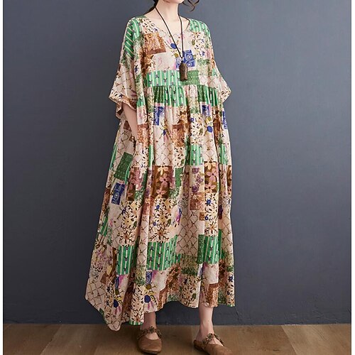 

Women's Shift Dress Maxi long Dress Green Orange Short Sleeve Print Print Summer Crew Neck Vintage 2022 One-Size