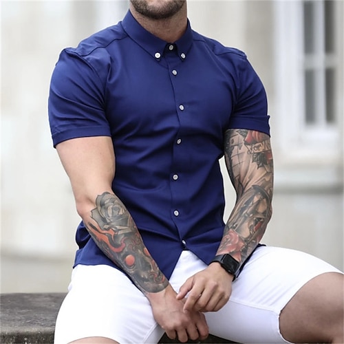

Men's Shirt Solid Color Turndown Street Casual Button-Down Short Sleeve Tops Casual Fashion Breathable Comfortable Blue