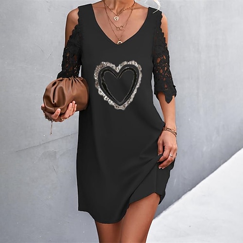 

Women's A Line Dress Short Mini Dress Black Champagne Red Half Sleeve Heart Sequins Hollow Out Print Spring Summer V Neck Stylish Casual 2022 S M L XL XXL 3XL 4XL 5XL