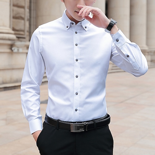 

Men's Business Shirt Regular Fit Long Sleeve Turndown Solid Color Cotton Blend Sea Blue Black Blue 2022