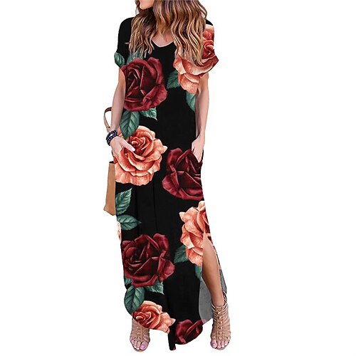 

Women's Shift Dress Maxi long Dress Green Blue Black Pink Wine Orange Short Sleeve Floral Striped Split Pocket Print Spring Summer V Neck Work Elegant 2022 S M L XL XXL 3XL
