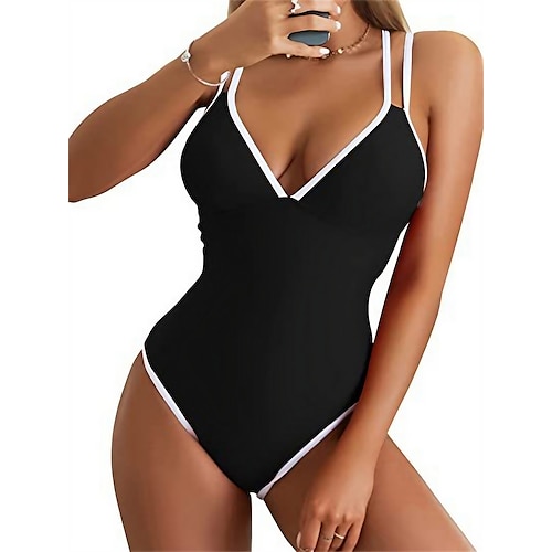 

Women's Swimwear One Piece Monokini Normal Swimsuit Backless Water Sports Tummy Control string Color Block Black Blue Fuchsia Padded V Wire Bathing Suits New Vacation Holiday