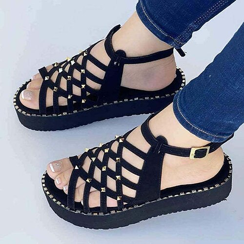 

Women's Sandals Plus Size Summer Flat Heel Peep Toe Nubuck Buckle Solid Colored Black Rosy Pink Khaki