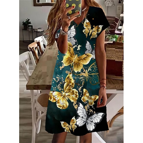 

Femme Robe casual Manche Courte Printemps Eté Imprimer Animal Papillon Col V Ample 2022 Boom Vente Robe Bleu S M L XL XXL 3XL